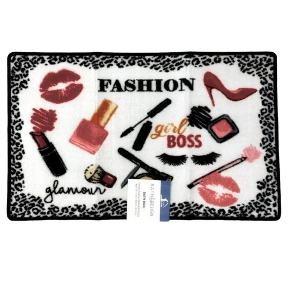 Fashion Girl Boss Animal Print Makeup Mat Rug 20 in X 32” White Pink Black Multi